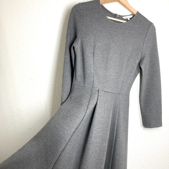 FRNCH Dresses & Skirts - FRNCH Dress Womens Small Gray Long Sleeve Midi Fit Flare Pockets Stretchy Work